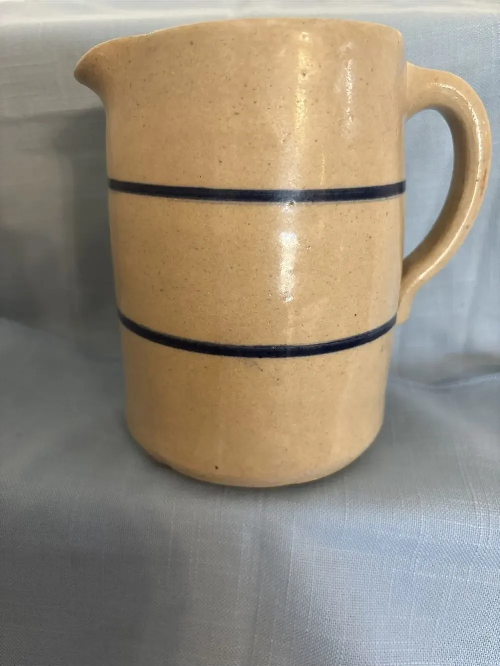 Antique Stoneware Pitcher Beige W/ Blue Stripe Rustic Farmhouse Decor Heavy